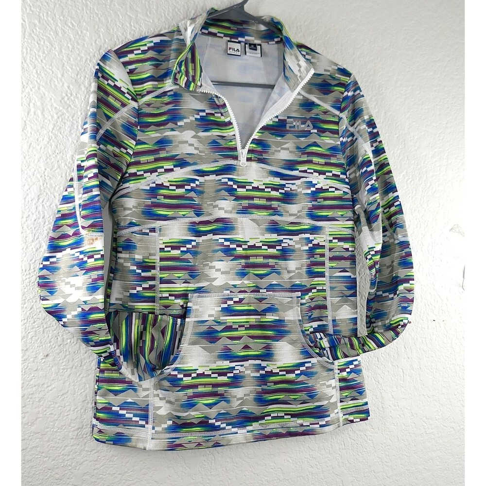 FILA Quarter Zip Pullover Geometric Neon Colors Fleece Lined Womens Size Medium